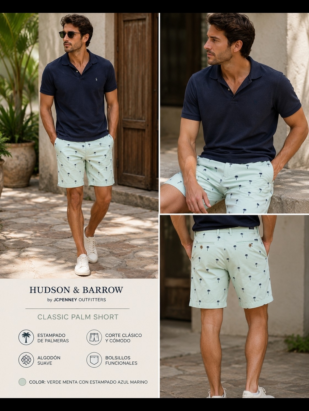 Hudson & Barrow Men’s Palm Tree Print Chino Shorts Mint Green Size 32 Casual